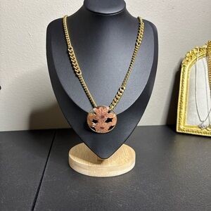 Gold Tone Pink Floral Cloisonnée Unique Chan Long Pendant Necklace